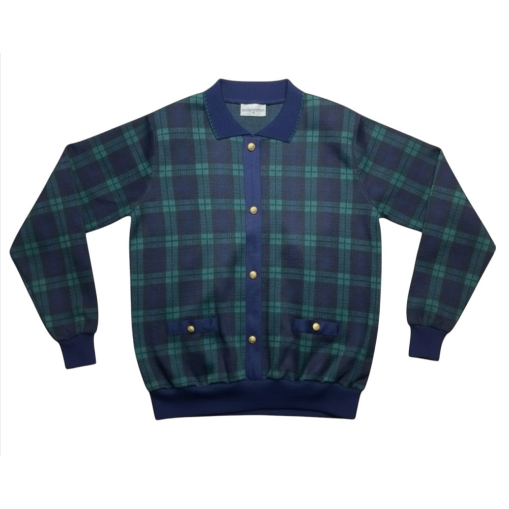 VTG KNIT TOP Banded Hem Sweater Shirt NAVY & GREEN TARTAN PLAID Gold Buttons 2X